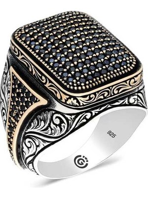 Hanno Telkari Gümüş Siyah Zirkon Taşlı Kare Erkek Yüzük