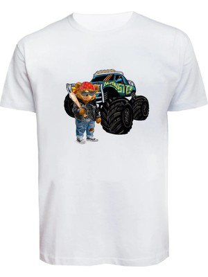 Unisex Canavar Araç (Monster Truck ) ve Ayı Baskılı Tişört Pamuk Penye Süprem Basic