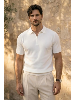 Valiberta Jeff Selanik Örgü Polo Yaka Yarım Fermuarlı Ince Triko Erkek T-Shirt - Ekru