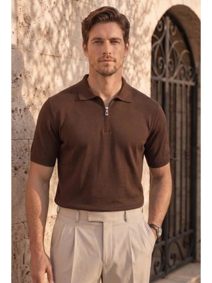 Valiberta Linus Fermuarlı Polo Yaka Kısa Kollu Ince Triko Erkek T-Shirt - Kahve