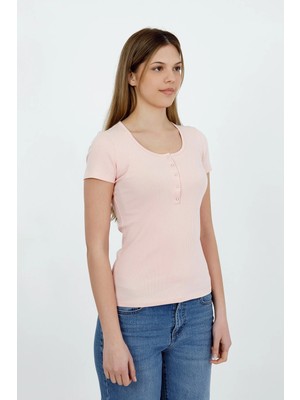 Hdm Kadın Esnek Fitilli Yakası Çıtçıtlı Pembe Kısa Kol Basic Örme Bluz - H5993