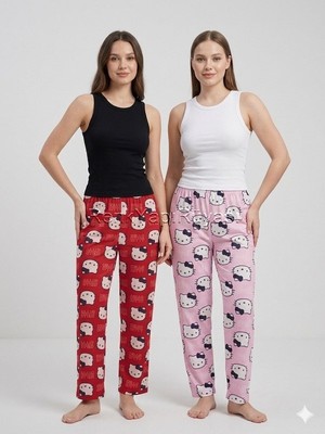 Renk Yapı Rüyası Hello Kity Desenli Kırmızı ve Pembe Yazlık Penye Pijama Altı, Yazlık Inc Epenye Alt