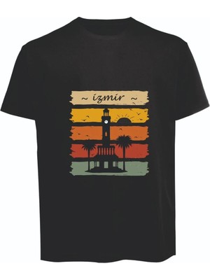 Izmir Saat Kulesi Baskılı Compact Penye Tişört Unisex Rahat Kullanım