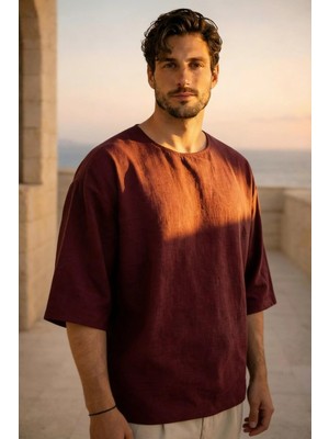 Valiberta Castiel Bisiklet Yaka Fakir Kol Oversize Kısa Kol T-Shirt - Bordo