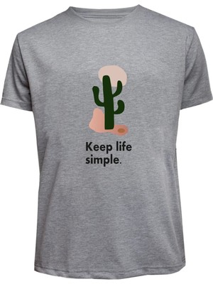 Unisex Keep Life Simple Kaktüs Baskılı Tişört Pamuk Penye Süprem Basic