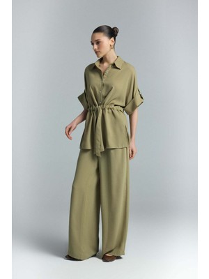 Sateen Beli Bağlamalı Kimono Gömlek - Haki