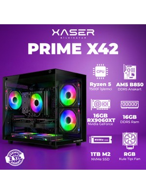 Xaser Prime X42 Ryzen 5 7500F 16GB Ddr5 Ram 1tb M.2 Nvme SSD 16GB RX9060XT Masaüstü Oyuncu Bilgisayarı