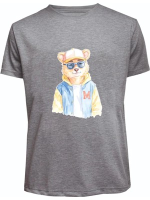 Unisex Kot Ceketli Cool Ayıcık Baskılı Tişört Pamuk Penye Süprem Basic