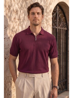 Valiberta Linus Fermuarlı Polo Yaka Kısa Kollu Ince Triko Erkek T-Shirt - Bordo