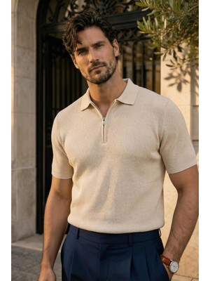 Valiberta Jeff Selanik Örgü Polo Yaka Yarım Fermuarlı Ince Triko Erkek T-Shirt - Bej