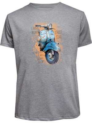 Unisex Mavi Vespa Baskılı Tişört Pamuk Penye Süprem Basic