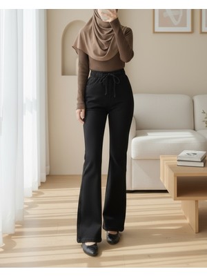Moda Morfo İspanyol Paça Bağcık Detaylı Kot Pantolon -Siyah