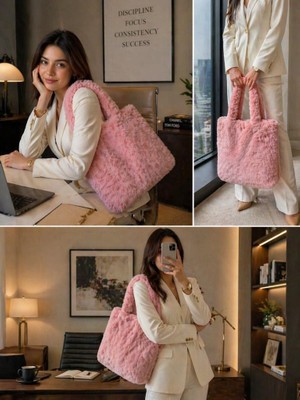 Pembe Peluş Omuz Çantası Kadın – Yumuşak Dokulu, Geniş Iç Hacimli, Hafif, Günlük Kullanım, One Size Tote Çanta