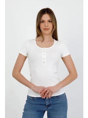 Hdm Kadın Esnek Fitilli Yakası Çıtçıtlı Ekru Kısa Kol Basic Örme Bluz - H5993