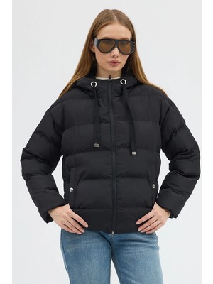 Tonny Black Kadın Siyah Çift Cepli Fermuarlı Su Itici Kumaş Normal Kesim Dolumlu Şişme Mont
