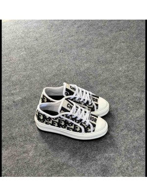 Evlium Dior Desenli Kadın Beyaz Canvas Platform Taban Bağcıklı Sneaker Ayakkabı