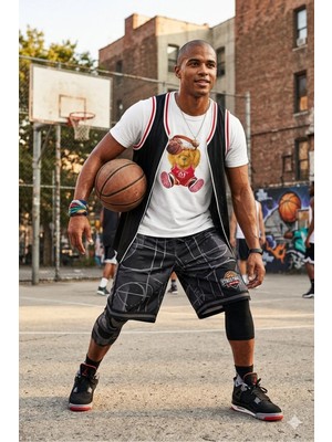 Unisex Basketbolcu Cool Ayıcık Baskılı Tişört Pamuk Penye Süprem Basic
