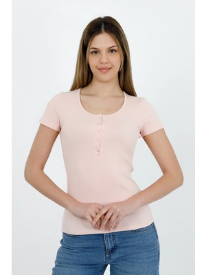 Hdm Kadın Esnek Fitilli Yakası Çıtçıtlı Pembe Kısa Kol Basic Örme Bluz - H5993