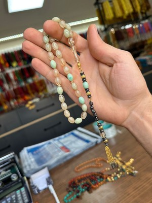 Dergah Tesbih Özel Püsküllü Ateş Kehribar Tesbih 7-11MM Hareli Açık Mavi & Pembe + Ahşap Hediyelik Tesbih Kutusu