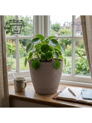 Okacih Hasır Desenli Dekoratif Saksı 4 Litre 20 cm Modern Rattan Görünümlü Iç Mekan Çiçek Saksısı