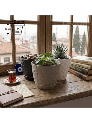 Okacih 3’lü Taş Desenli Dekoratif Saksı Seti Tabaklı Çiçek Saksısı