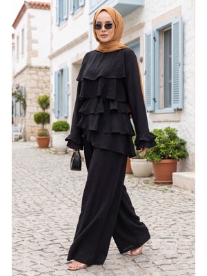 Ebru Tesettür Kat Kat Fırfırlı Tunik Pantolon Ikili Takım Siyah