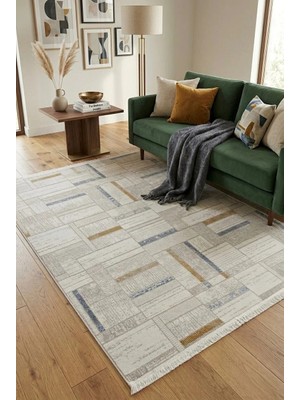 Leiva Home LONDON003 Krem Renkli Özel Ölçü Modern Etnik Akrilik Yumuşak Kaymaz Taban Salon Koridor Mutfak Halı