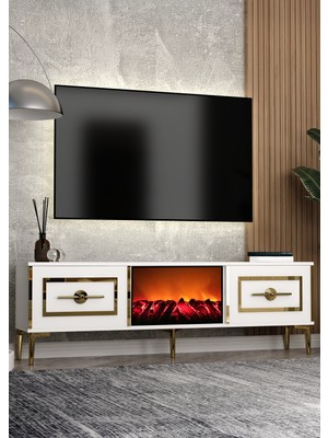 Cantek Dizayn TV0069-0069-TXA150-32 Şömineli Tv Sehpası Beyaz-Altın