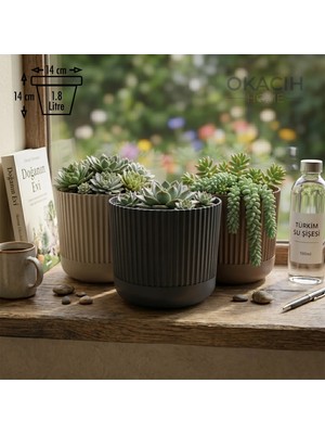 Okacih 3’lü Dekoratif Çizgili Saksı Seti 14 cm 1.8 Lt Modern Ribbed Tasarım Çiçek Saksısı (3 Renk)
