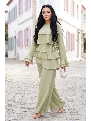 Ebru Tesettür Kat Kat Fırfırlı Tunik Pantolon Ikili Takım Mint