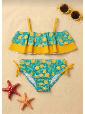 Kız Çocuk Limon Desenli Fırfırlı Bikini Takımı Sarı Turkuaz