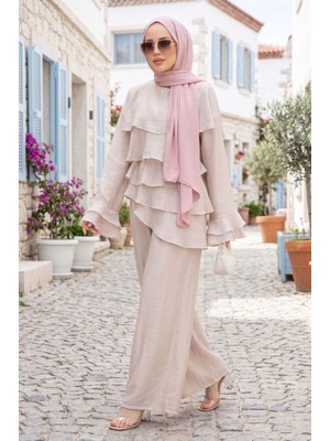Ebru Tesettür Kat Kat Fırfırlı Tunik Pantolon Ikili Takım Taş