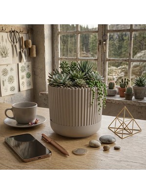 Okacih Modern Ribbed Çizgili Saksı 14 cm 1.8 Litre Dekoratif Iç Mekan Saksı