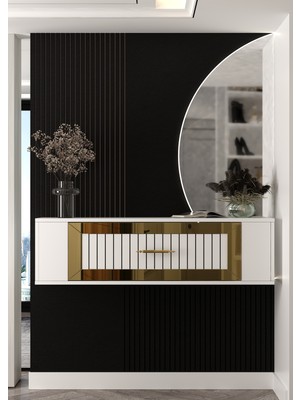 Demonte Decor D7051DD-128 Duvara Monte Tek Kapaklı Pleksili Dresuar Beyaz-Altın
