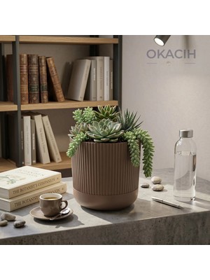 Okacih Modern Ribbed Çizgili Saksı 18 cm 4 Litre Dekoratif Iç Mekan Saksı