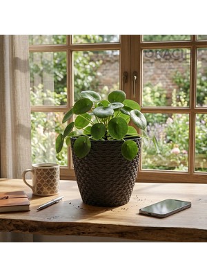 Okacih Hasır Desenli Dekoratif Saksı 3 Litre 17 cm Modern Rattan Görünümlü Iç Mekan Çiçek Saksısı