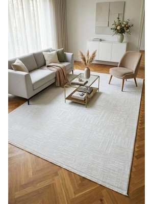 Leiva Home London 001 Krem Özel Ölçü Modern Akrilik Yumuşak Kaymaz Taban Salon Koridor Mutfak Saçaklı Halı