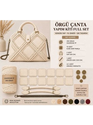 Özgürce Örgü Çanta Yapım Kiti, Makrome Ipli ve Deri Parçalarla Kendin Yap Seti