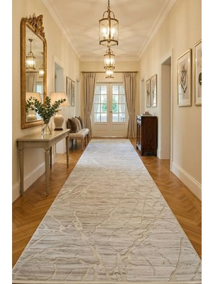 Leiva Home London 002 Krem Bej Özel Ölçü Modern Akrilik Yumuşak Kaymaz Taban Salon Koridor Mutfak Saçaklı Halı