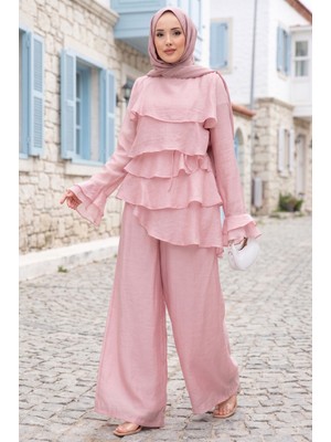 Ebru Tesettür Kat Kat Fırfırlı Tunik Pantolon Ikili Takım Pembe