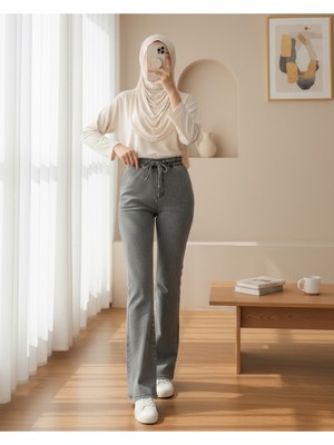 Moda Morfo İspanyol Paça Bağcık Detaylı Kot Pantolon -Füme