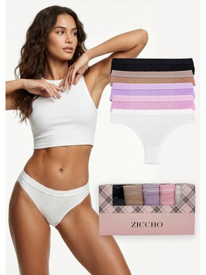 Ziccho Kutulu 5'li Renkli Fitilli Pamuklu Kadın Tanga Külot Seti