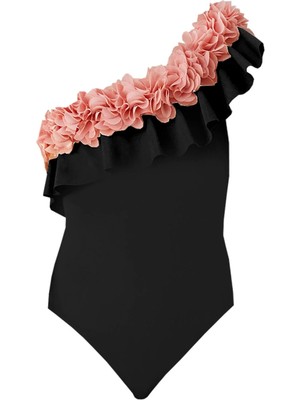 Lovekini Valentina Black Kids Swimsuit With Pink Chiffon Flowers Details