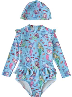 Petityu UPF50+ Omuz Fırfır Detaylı Mermaid Aşırı Şirin Denizkızı Mayo Bone Set