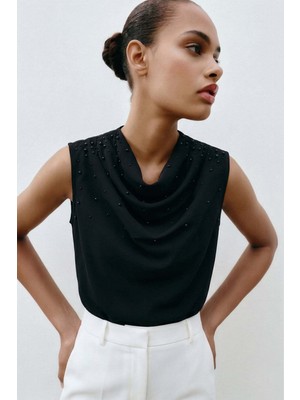 Sateen Inci Detaylı Bluz - Lacivert