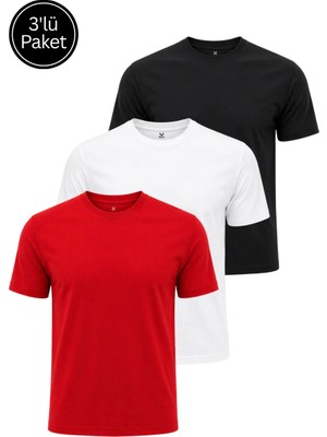 Rich Erkek 3'lü Siyah-Beyaz-Kırmızı Paket %100 Pamuk Slim Fit Sporcu Tişört Basic Bisiklet Yaka Kısa Kollu T-Shirt