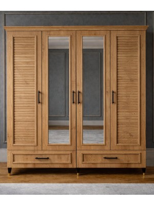 Noiss Home Decor Barlas 4 Kapılı Gardırop Elbise Dolabı Askılı Raflı Yatak Odası Dolabı