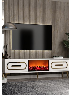 Cantek Dizayn TV0071-0071-TXA150-128 Şömineli Tv Sehpası Beyaz-Altın