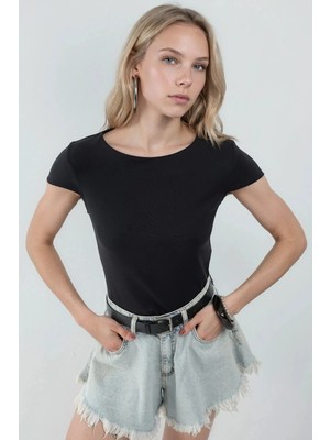 Hiccup Kadınlar Busem Kısa Kollu Pamuklu Bisiklet Yaka Bluz Siyah