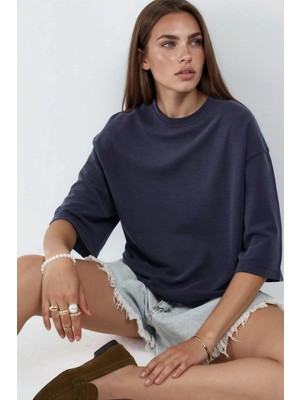 Hiccup Kadınlar Busem Kruvaşe Yaka Kısa Kesim Geniş Bluz Lacivert